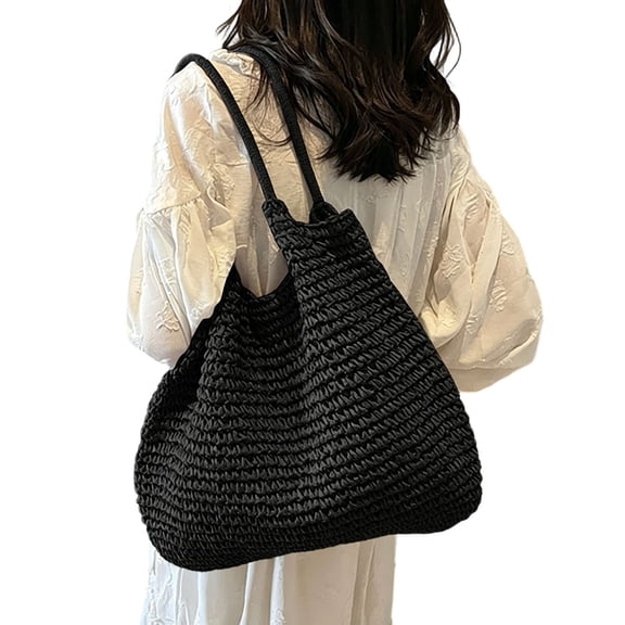 Women's Large Capacity Woven Tote Shoulder Bag for Work Commute Daily Casual for Travel and Shopping Black One Size