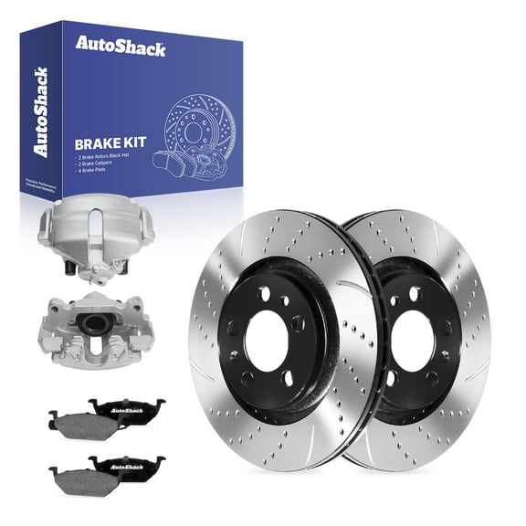 AutoShack Front Vented Drilled & Slotted E-Coated Brake Rotors   Ceramic Pads   Calipers 8-PC Brake Kit Replacement for 2006 Volkswagen Jetta ShadowGuard 11.02" (280 mm)