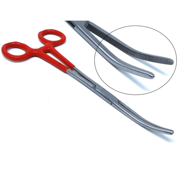 Stainless Steel Fishing Pliers Anglers Catch & Release Serrated Tool, Red Vinyl Grip 8" Curved