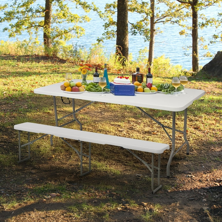 Ktaxon 3pc Portable 6 Folding Table and Bench Set Folding Table and Folding Bench for Outdoor Activities Plastic Ding Table Set White