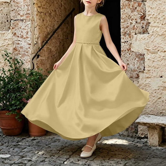 LEKWK Girls Bridesmaid Flower Dress Sleeveless Satin Bow Tie Backless Pageant Gown Pleated Flowy A-Line Princess Dresses for Birthday Party Wedding 0-13Y