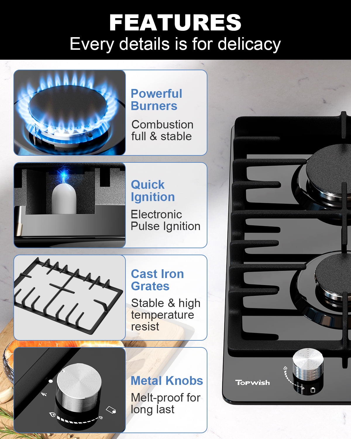 TOPWISH 12" 2-Burner Built-In Gas Cooktop, Black Tempered Glass, 18,000 BTU, NG/LP Convertible, Flame-Out Protection