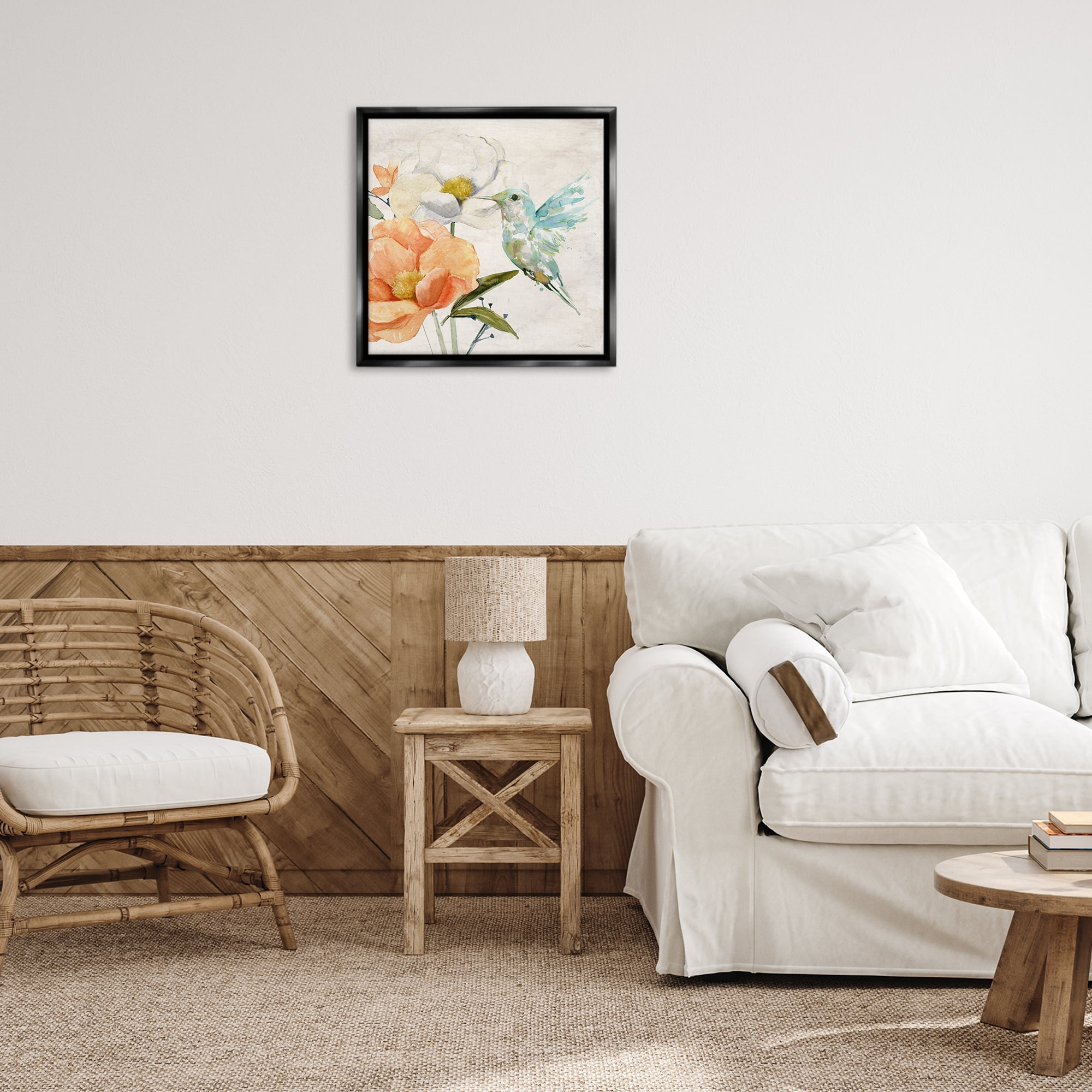 Stupell Industries Hummingbird & Flower Nectar Plants & Flowers Painting Black Floater Framed Canvas Art Print Wall Art, 25 x 25