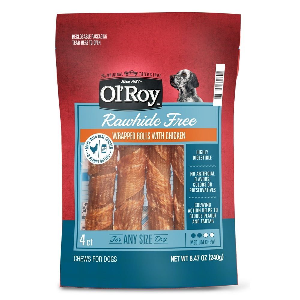 Ol' Roy Rawhide Free Wrapped Rolls with Chicken for Any Size Dogs, 4
