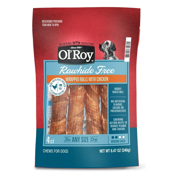 Ol' Roy Rawhide Free Wrapped Rolls with Chicken for Any Size Dogs, 4