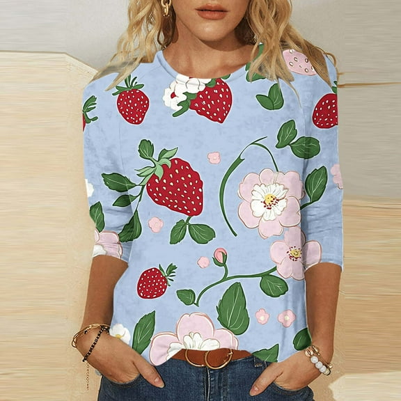 Munlar Blouses for Women Yellow Boho 3/4 Sleeve 2025 Comfort Spring Crew Neck Strawberry Print Shirts L