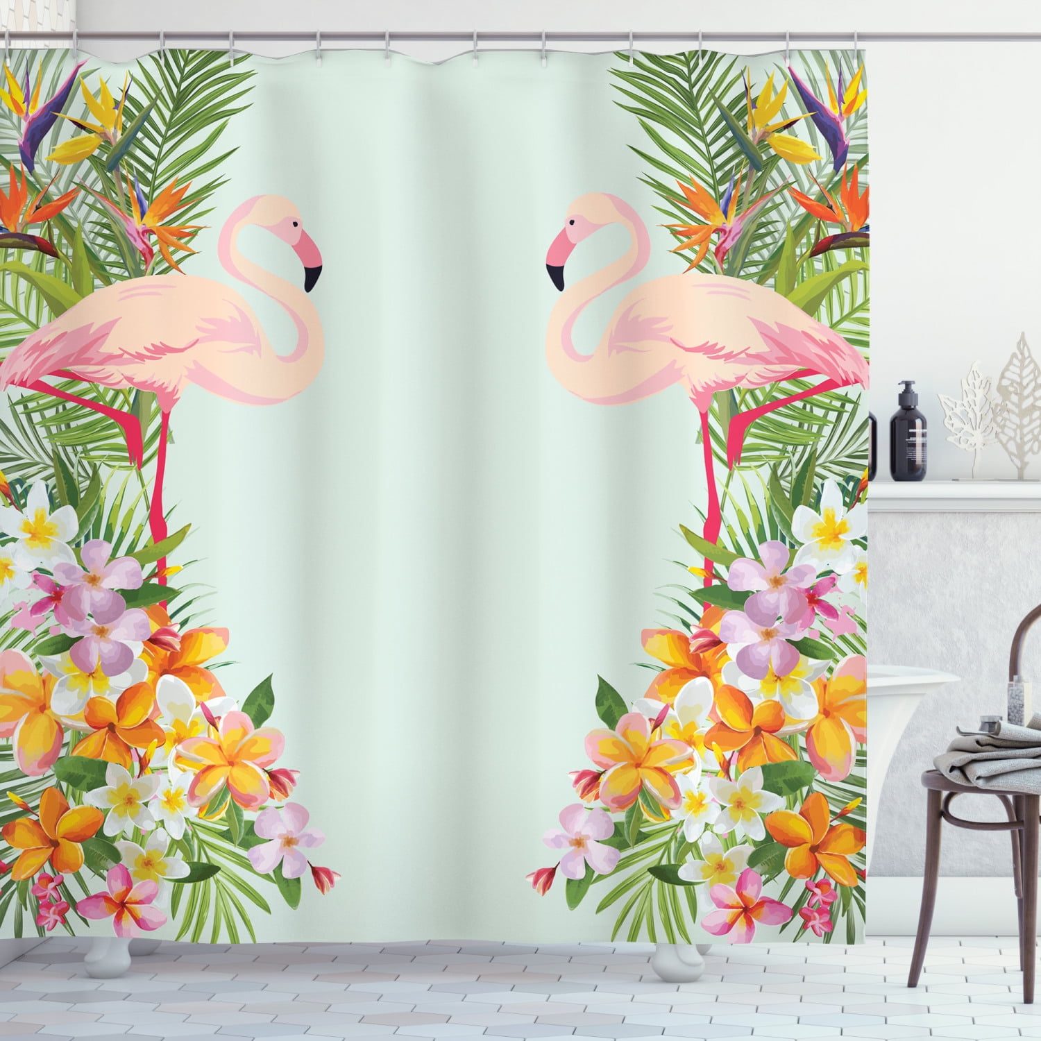 Celebrate Summer Tropical Fabric Shower Curtain Pink Flamingo & Palm Leaves NEW 