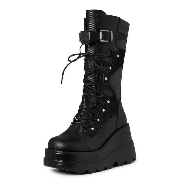Punk Githic Women Boots Platfrom High Wedges Heel Mid Calf Cool Fashion Lolita Studded Cosplay Shoes Woman