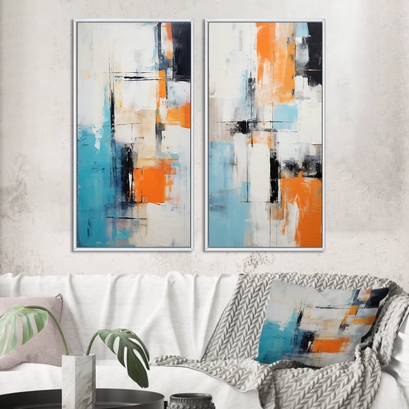 Designart "Cubist Explorations Deconstructed Minimalism I" Abstract Painting Framed Wall Art Set Of 2 - Modern Blue Framed Canvas Set For Living Room Decor
