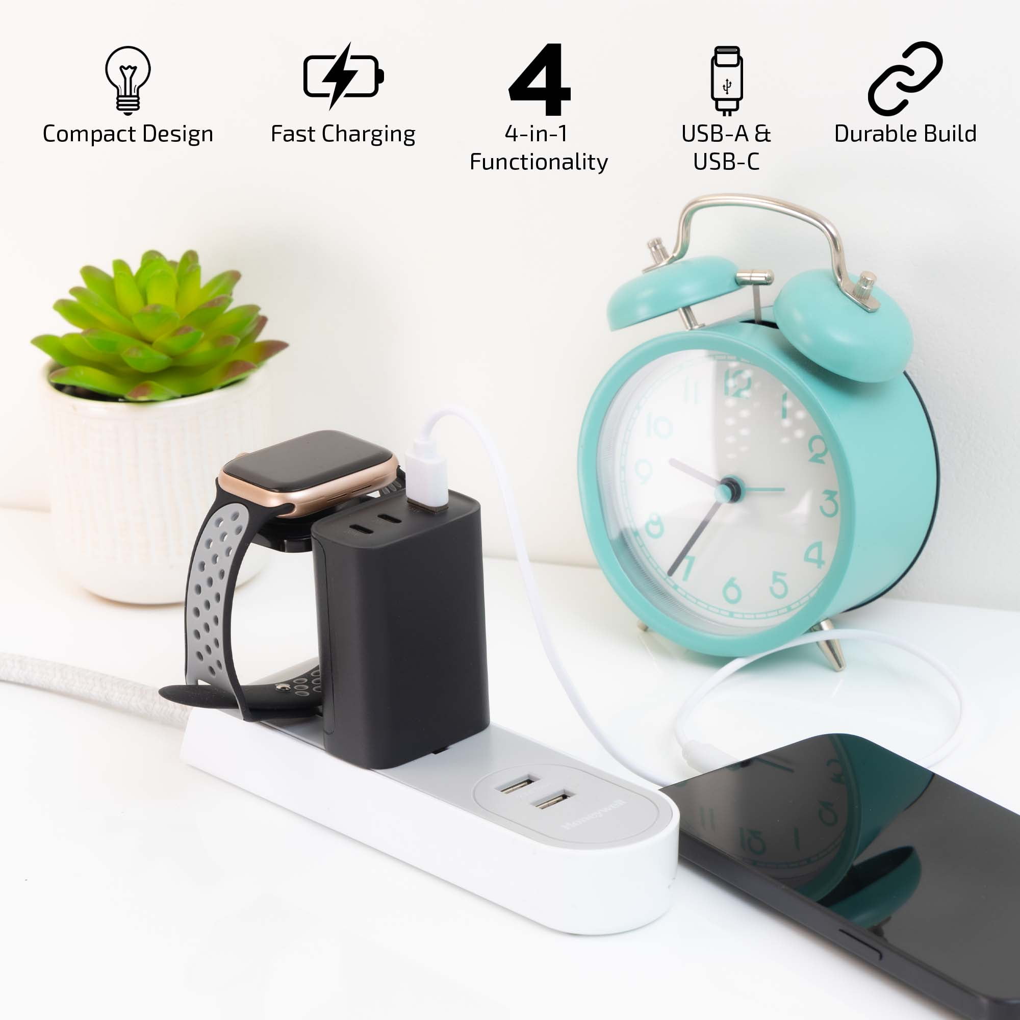 Merkury Innovations 4-in-1 PD 40W USB Wall Charger with Apple Watch Charger – 2 USB-C + 1 USB-A Ports (Foldable Design)