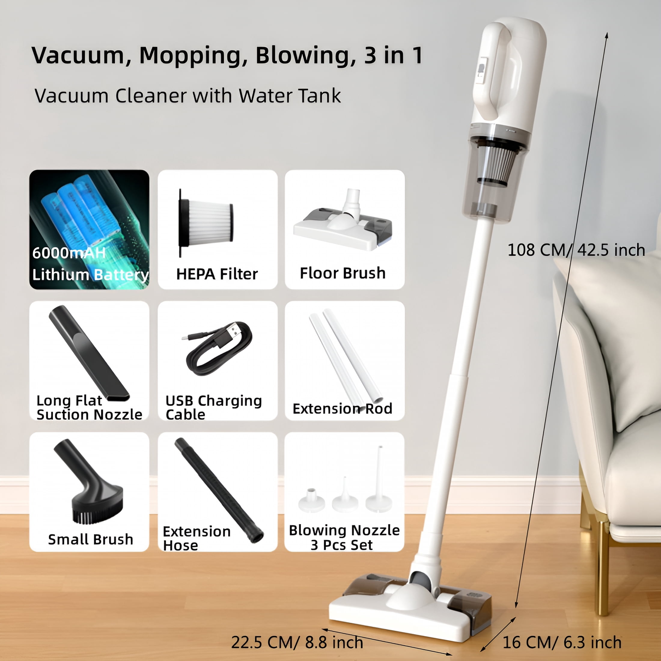 ZEPARO Cordless Stick Vacuum Cleaner and Mop Combo,Vacuum Blower and Mop 3 in 1,12000pa Suction Stick Vacuum Cleaner Rechargeable Upright Vacuum with Water Tank for Home Hard Floor Pet Hair