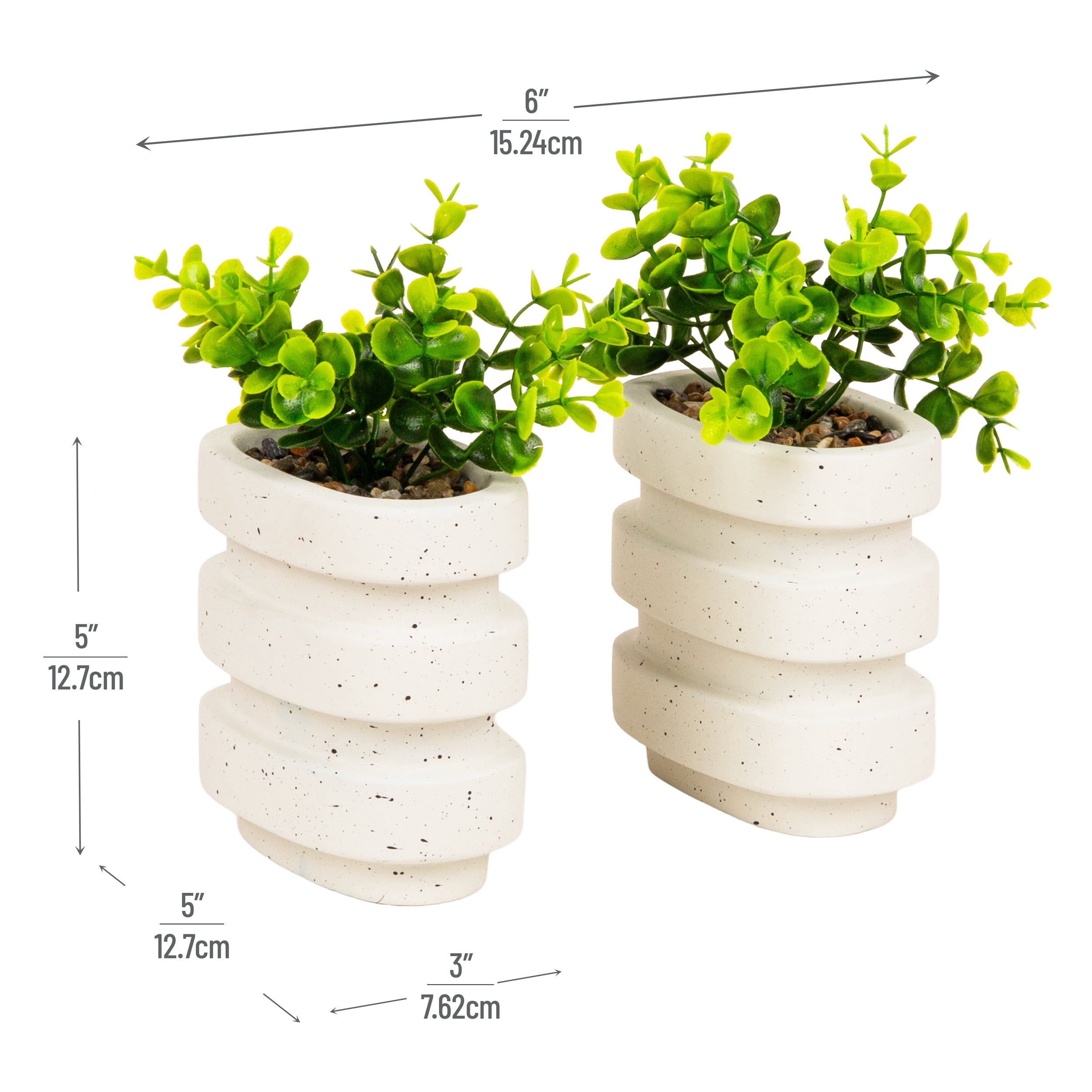 Mind Reader Ribbed Cement Planter Bookends, Faux Greenery for Shelves and Desk Decor, Set of 2, White