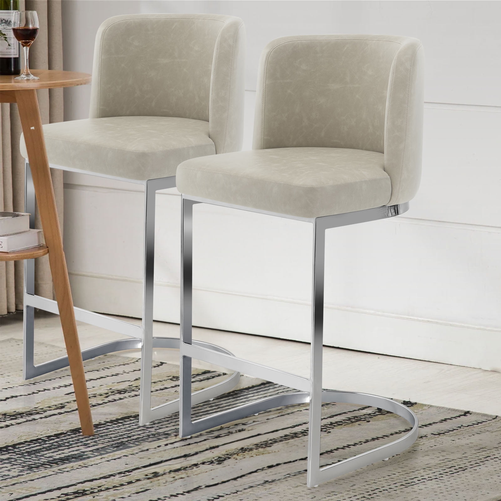 Foreate Counter Height Bar Stools Modern 26" Counter Stools with Back and C-Shaped Metal Frame, Upholstered Faux Leather Bar Chairs Island Stools for Kitchen Counter, Home Bar, Pub, Beige