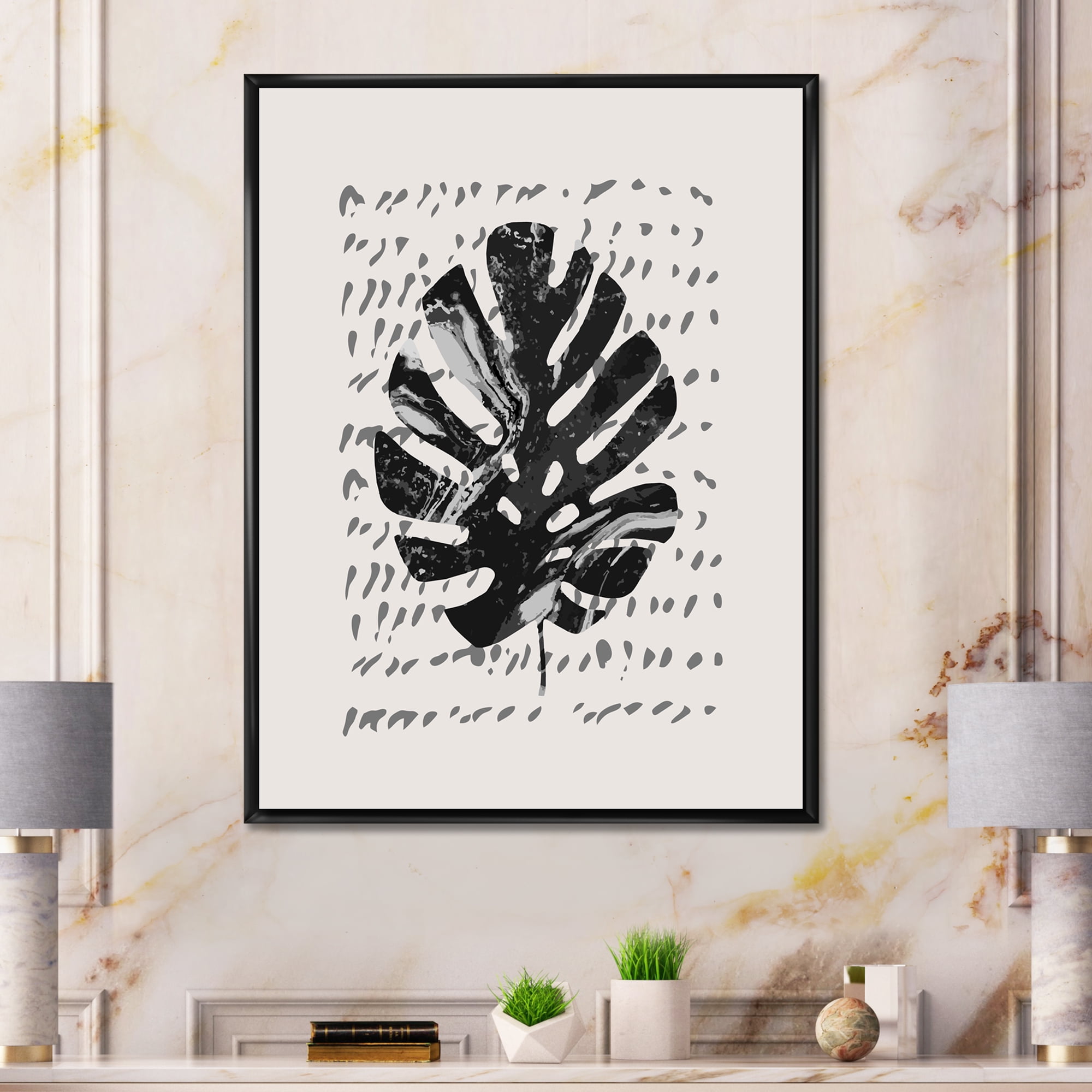 Designart 'Minimal Tropical Palm Leaf Over Grunge Texture' Tropical Framed Canvas Wall Art Print