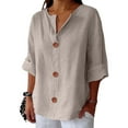 thumbnail image 7 of Summer Linen Tops for Women 2025, Yigetop Linen Shirts for Women Summer Cotton Linen V Neck 3/4 Sleeve Tops Loose Vacation Beach Solid Blouses Tunic Tops 3/4 Length Sleeve Womens Tops Khaki 4XL, 7 of 7