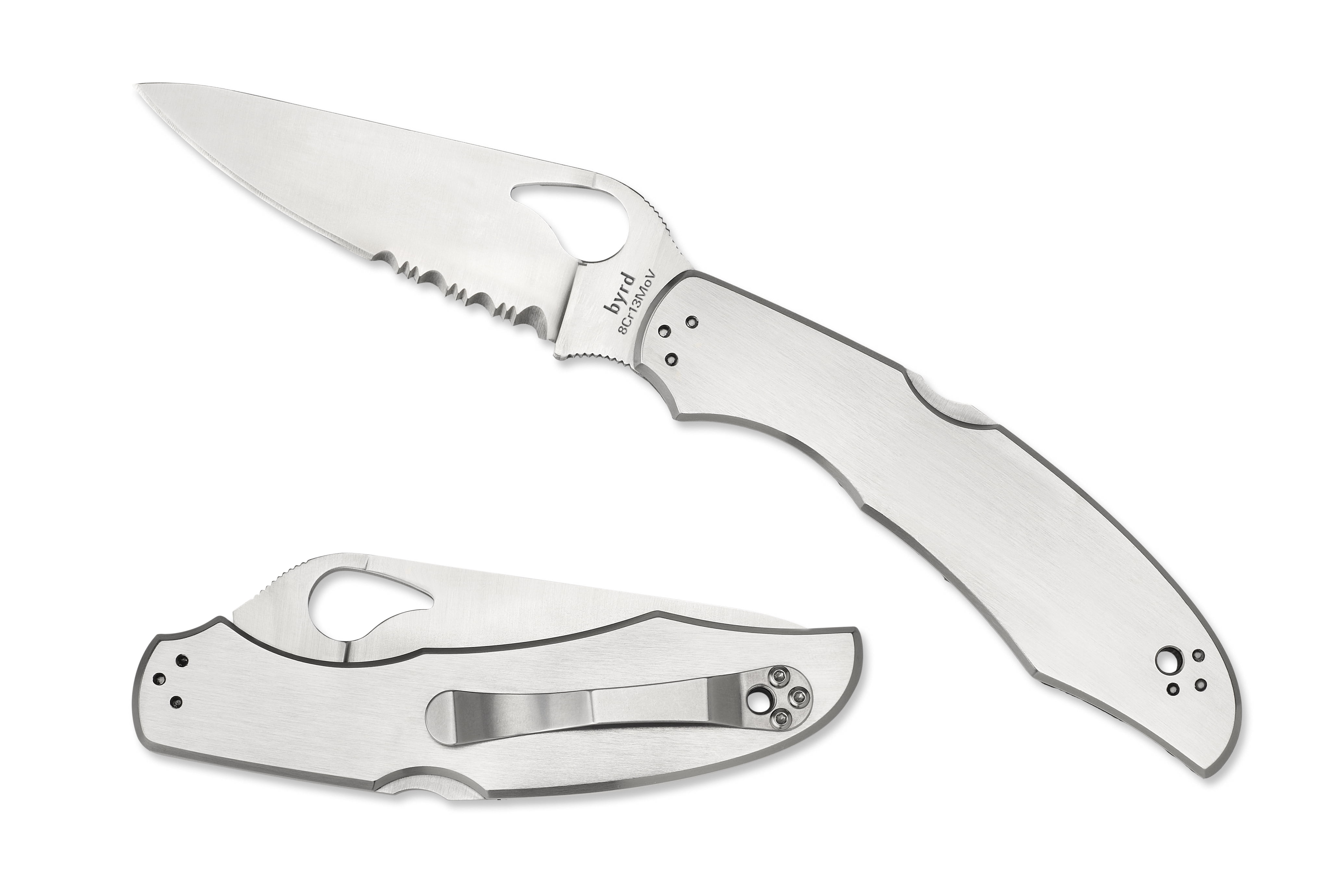 Spyderco Byrd Cara Cara 2 Folding Knife 3-3/4" Combo Flat-Ground Blade, Stainless Steel Handles, Lockback - BY03PS2