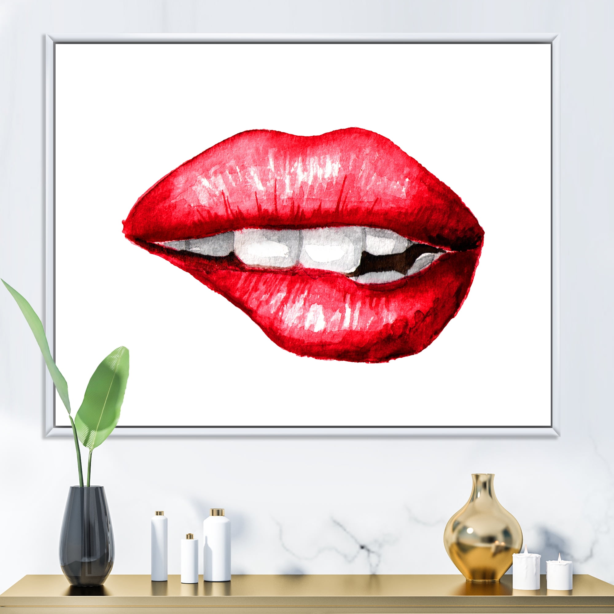 Designart 'Sexy Plump Puffy Girl Lips Biting' Modern Framed Canvas Wall Art Print