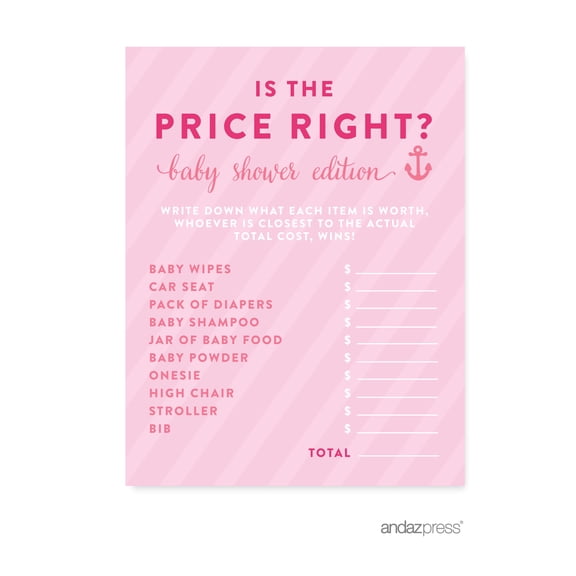 Koyal Wholesale Pink Girl Nautical Baby Shower, Is the Price Right Game Cards – 20-Pack