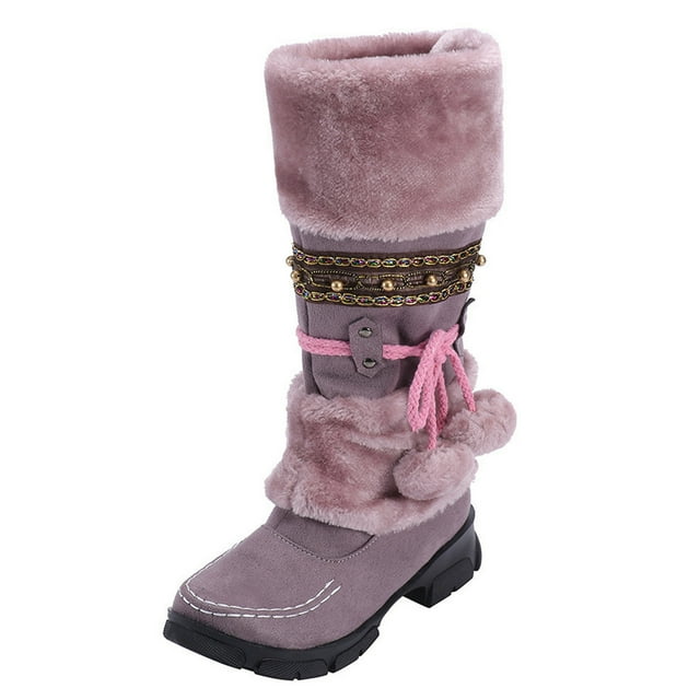 Bottes d'Hiver pour Femmes Chaudes à Bout Haut Rétro à Talons Ronds Bottillons à Pompon Mi-Hauteur - à Enfiler pour un Confort Stylé par Temps Froid