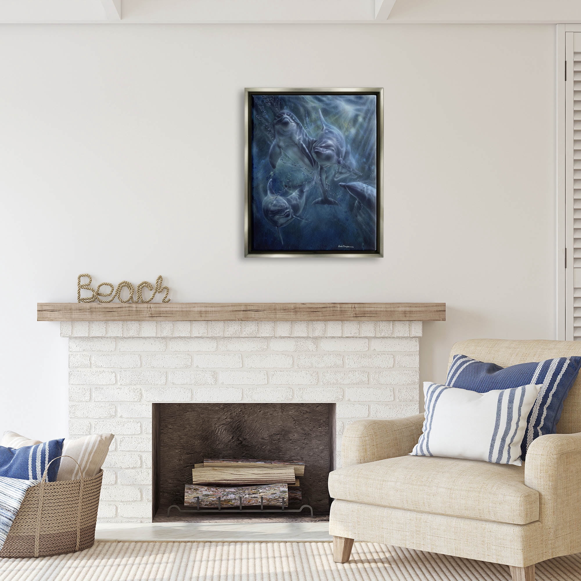 Stupell Industries Aquatic Dolphins Underwater Coastal Painting Gray Floater Framed Art Print Wall Art