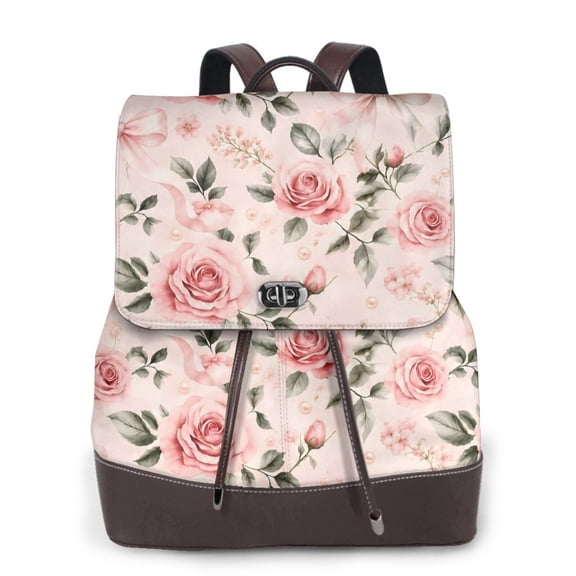 Pink Rose Bow Floral Women's Leather Backpack All-Over Print Bag for Work and Travel