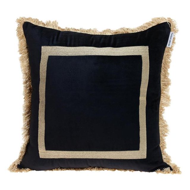 HomeRoots 402687 Boho Black with Gold Fringe Decorative Square Throw Pillow