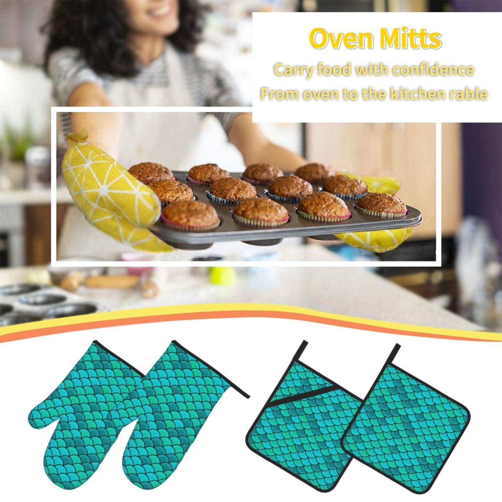Fish Scales Blue Geometric 4Pcs Oven Mitts and Pot Holders Sets Oven Kitchen Gloves Hot Pads for Cooking BBQ Baking Grilling