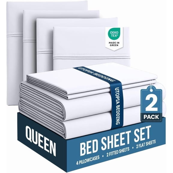 Queen Bed Sheets Set Pack of 2 White Brushed Microfiber
