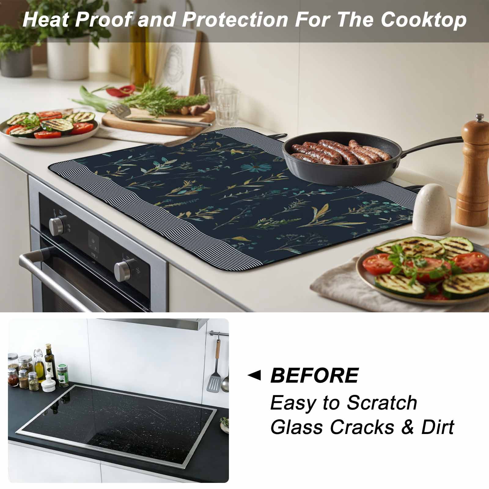 Black Spring Floral Stove Top Cover for Electric Stove, Heat-proof & Non Slip Glass Top Stove Cover Protector, Watercolor Botanical Flower Striped Kitchen Flat Cooktop Rubber Mat 24x21 Inches