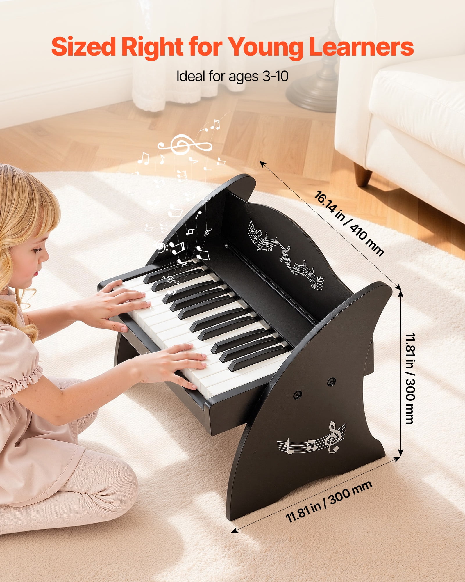 VEVOR Kids Piano Keyboard, 25 Keys Wooden Digital Piano for Kids, Mini Music Educational Instrument Toy with Realistic Sound, Dual Power, Adjustable Volume for Toddlers, Boys Girls Learning, Black