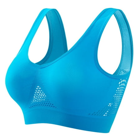 Crunowin Sports Bra for Women Seamless Breathable  Wirefree Yoga Bra (Non Padded) Solid Color Casual Daily Bra Light Blue L