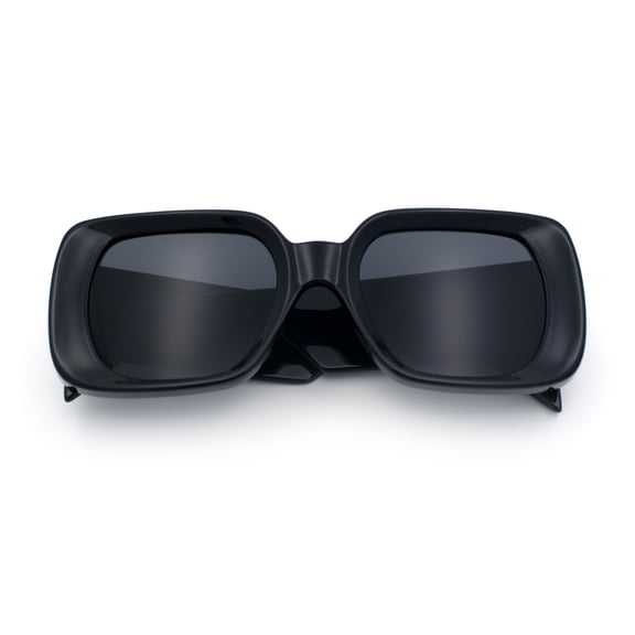 Womens Mod Beveled Thick Plastic Rectangular Fashion Sunlgasses [All Black]