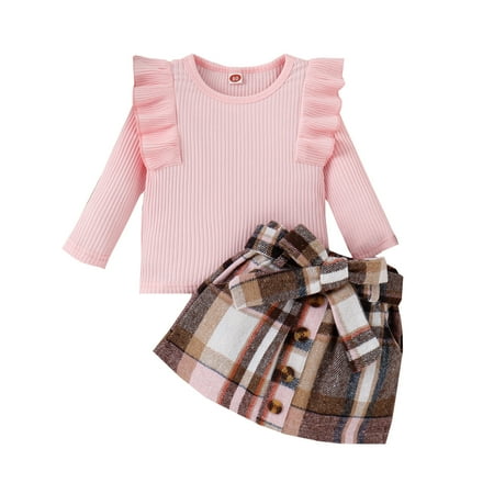 

Clothes for Babies Girl Bundle Baby Girl Toddler Girls Ruffles Long Sleeve Solid Ribbed T Shirt Tops Plaid Prints Bow Tie Skirt Outfits Baby Girl Knotted Gowns