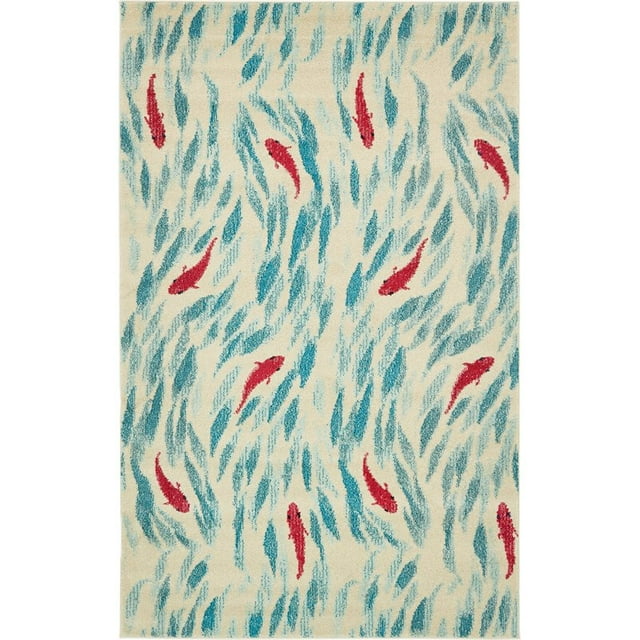 Unique Loom Positano Abstract Koi Fish Rug 5' x 8' Rectangle Beige/Blue