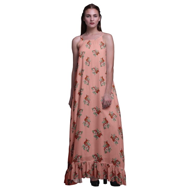 Bimba Chemise de Nuit Imprimée Feuilles Florales & Roses Grandiflora Saumon Rose Clair pour Femmes Longue Robe Maxi à Bretelles Spaghetti Taille Moyenne