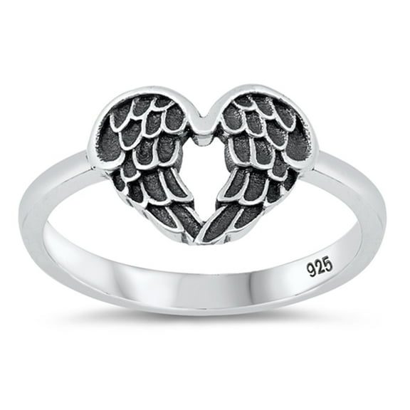 Fashion Oxidized Feather Promise Heart Angel Wing Ring .925 Sterling Silver Band Jewelry Female Size 11
