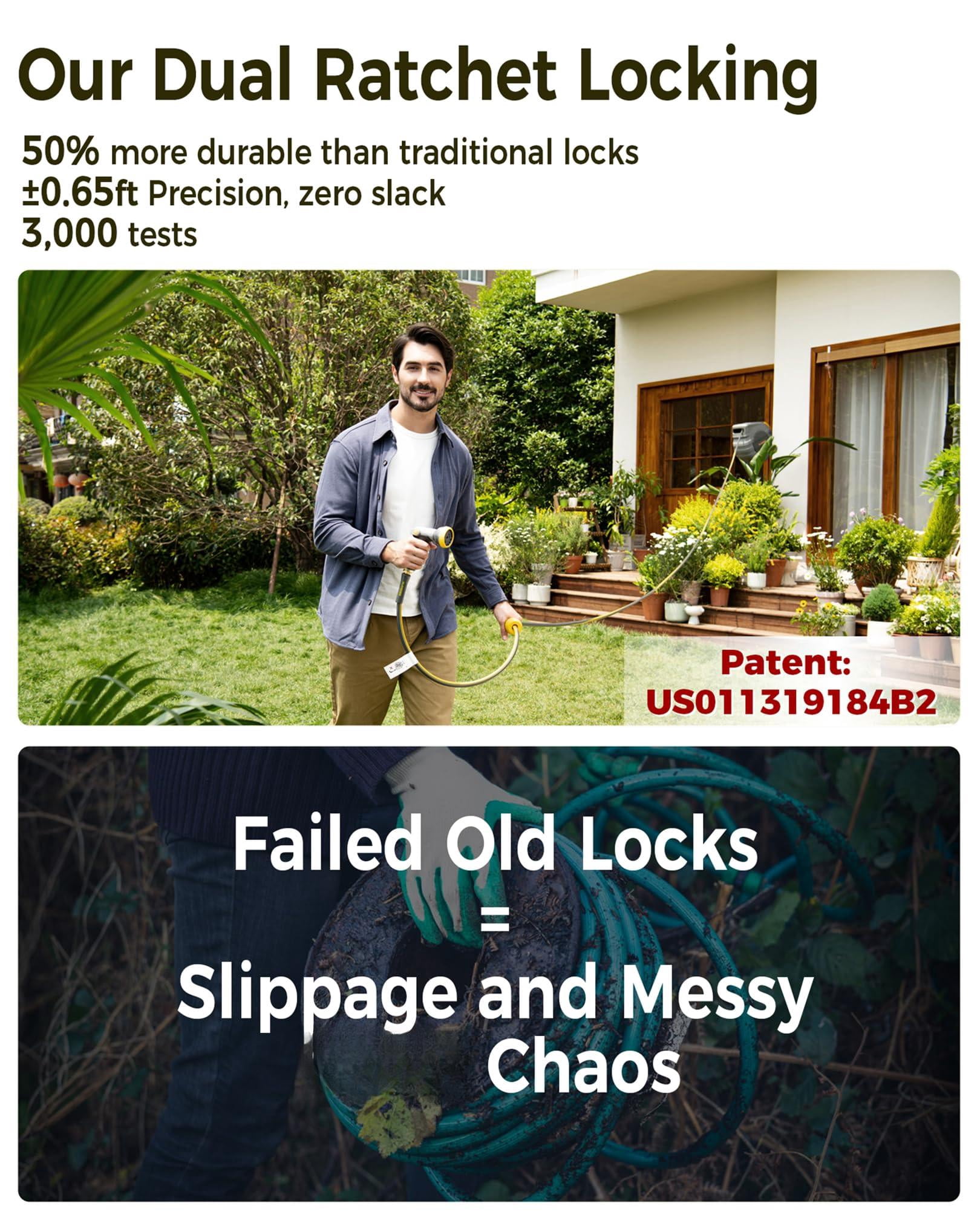 Retractable Garden Hose Reel 5/8 In X 100 Ft Upgraded Uv Resistant Heavy Duty Automatic Wall Mount 3/4 Brass Fitting 9 Pattern Nozzle Any Length Lock Slow Retraction 180° Swivel