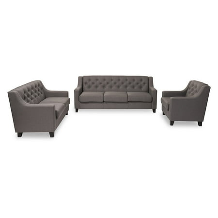 - Baxton Studio Arcadia Modern and Contemporary Fabric Upholstered Button-Tufted 3-Piece Living Room Sofa Set, Multiple Colors