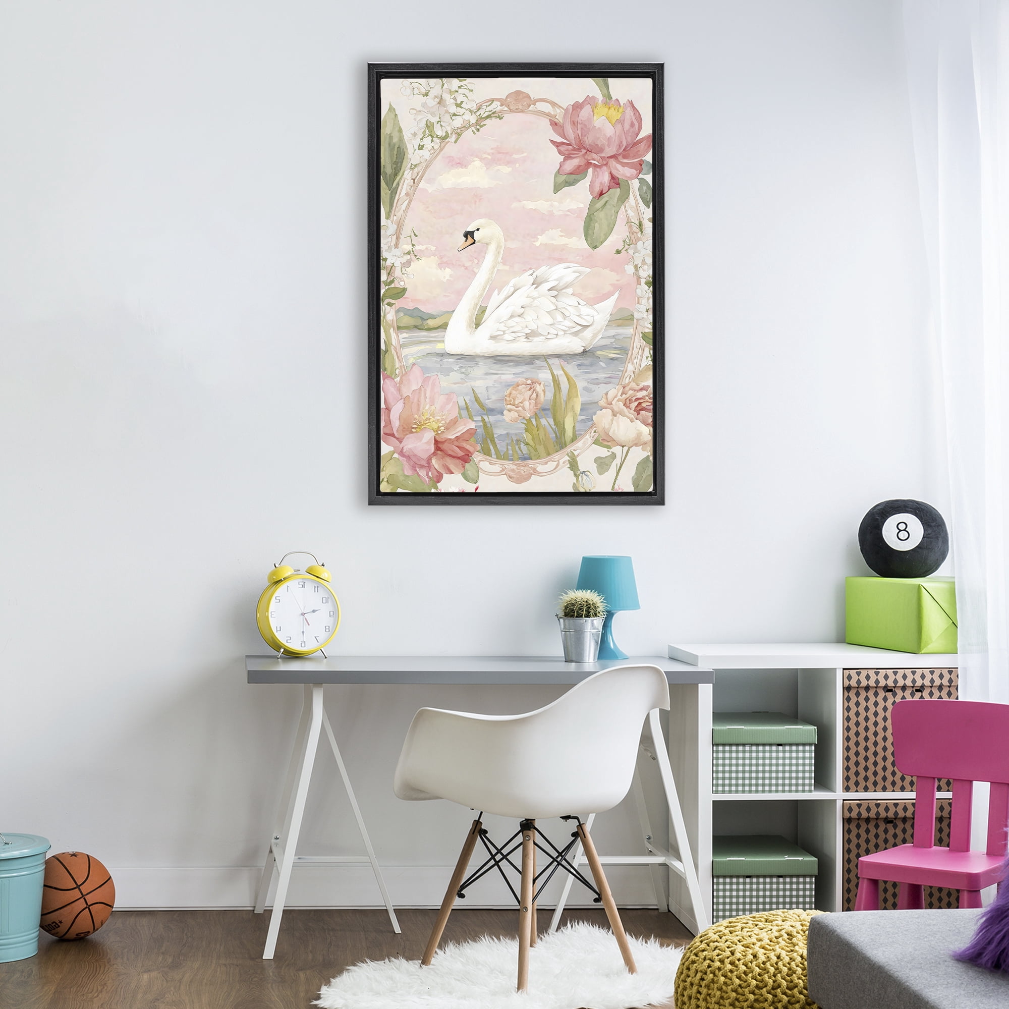 Stupell Industries Floral Border Swan in Bloom Black Framed Floater Canvas Wall Art, design by Creative Studio