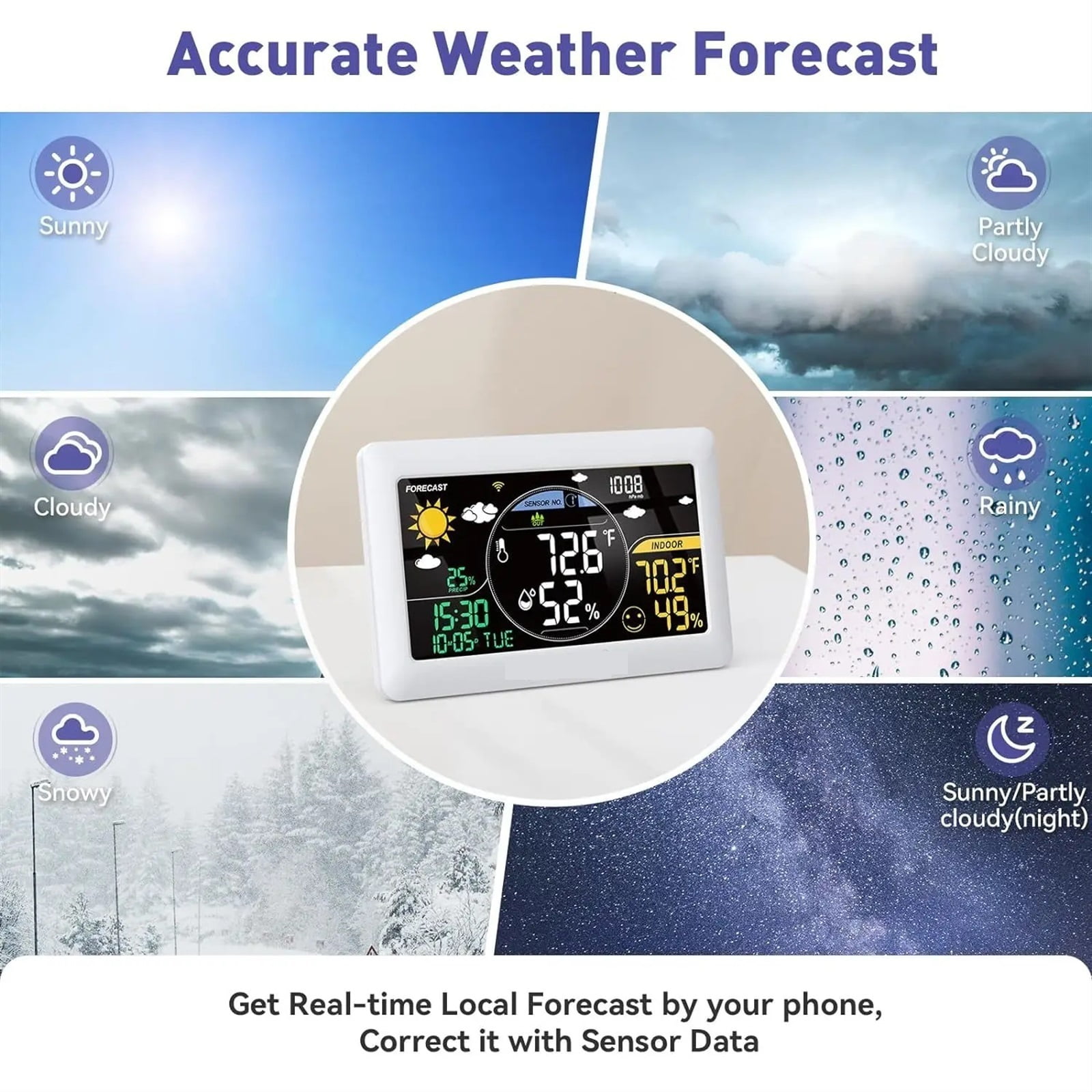 Weather Station Wireless Indoor Outdoor Thermometer Wall Alarm Clock Pressure App Online Real-time Forecast Monitor ,Excellent Visual Experience