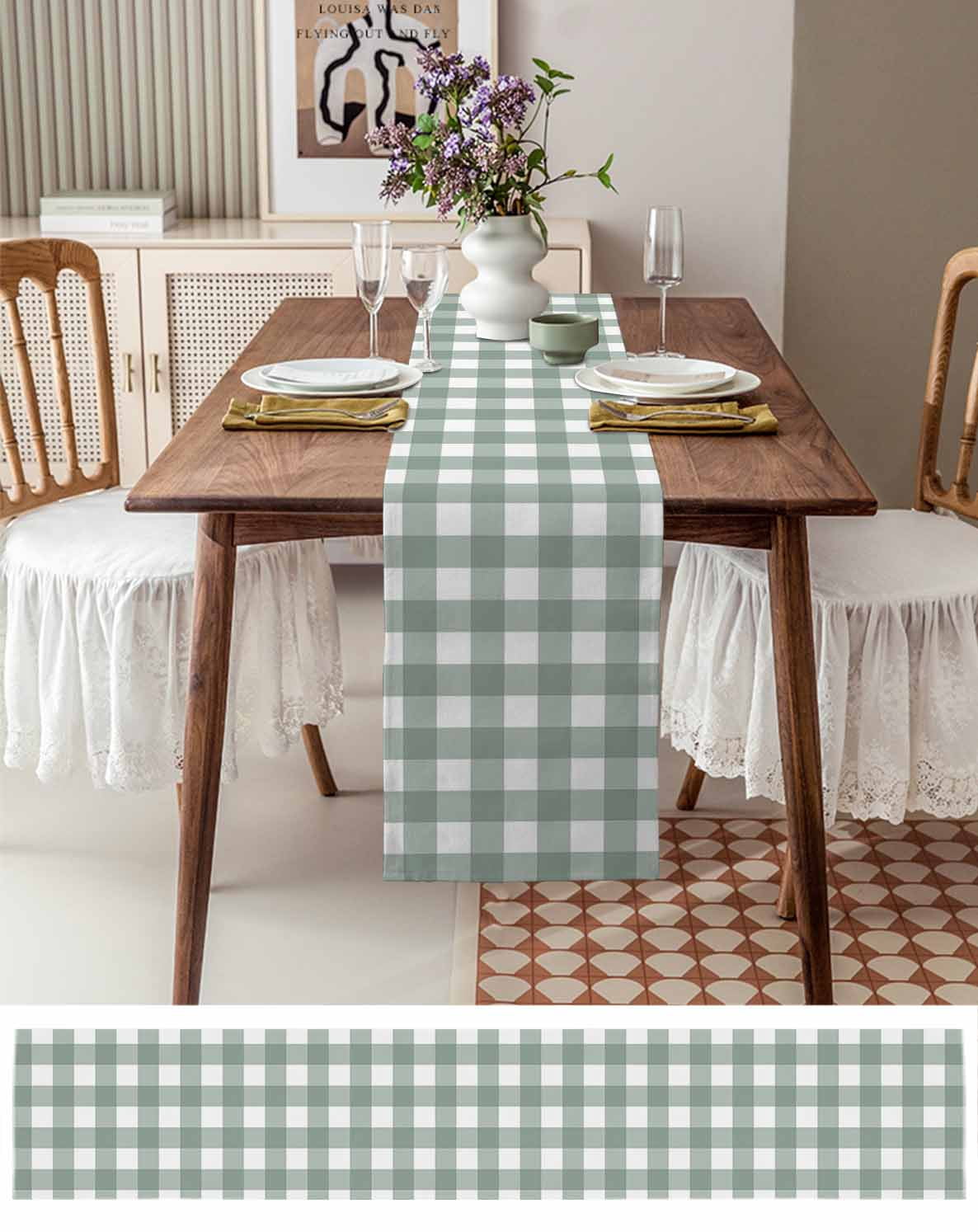 Green Farmhouse Burlap Cotton Table Runner 13x90 Inches Long, Buffalo Plaid Check Lattice White Grid Farmhouse Table Runners, Outdoor Dining Tablecloths Decor for Baby Shower/Party/Wedding