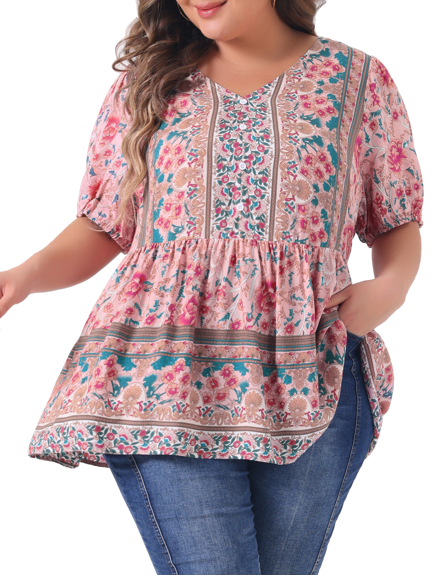 Women's Plus Boho Floral Print V Neck Short Sleeve Summer Blouses 2X Pink