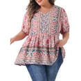 thumbnail image 2 of DARING DIVA Women's Plus Boho Floral Print V Neck Blouse 1X Pink, 2 of 6