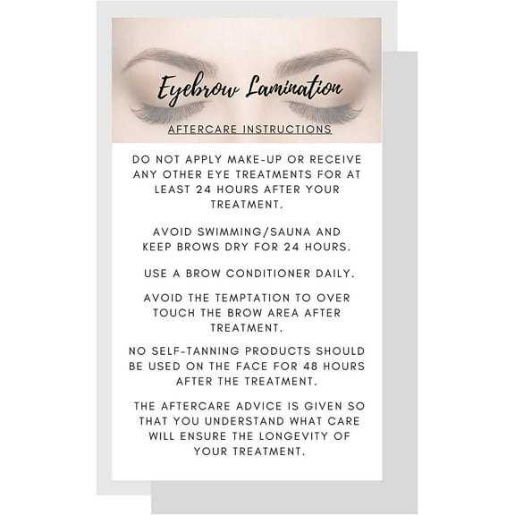 Eyebrow Lamination Aftercare Instruction Cards  Physical Printed 2 x 3.5 inches Business Card Size  White with Brow Photo Design  Starter Lift Kit with Tint at home diy aftercare supplies