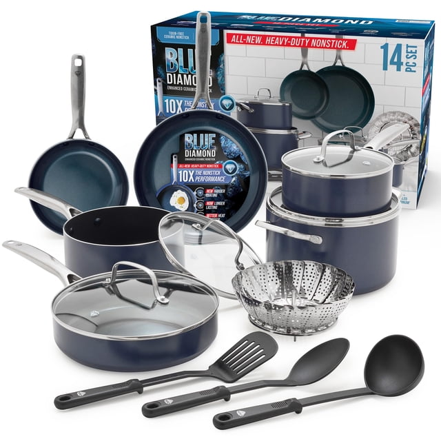 Blue Diamond Cookware - Juego de 14 ollas y sartenes de cerámica con infusión de diamante, sin PFAS, apto para lavaplatos, apto para ho