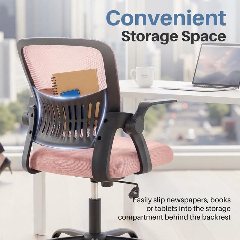 Simenmax Ergonomic Office Chair, Home Desk Computer Mesh Chair with Flip-Up Arms, Breathable Mid Back Chair for Small Spaces, Pink