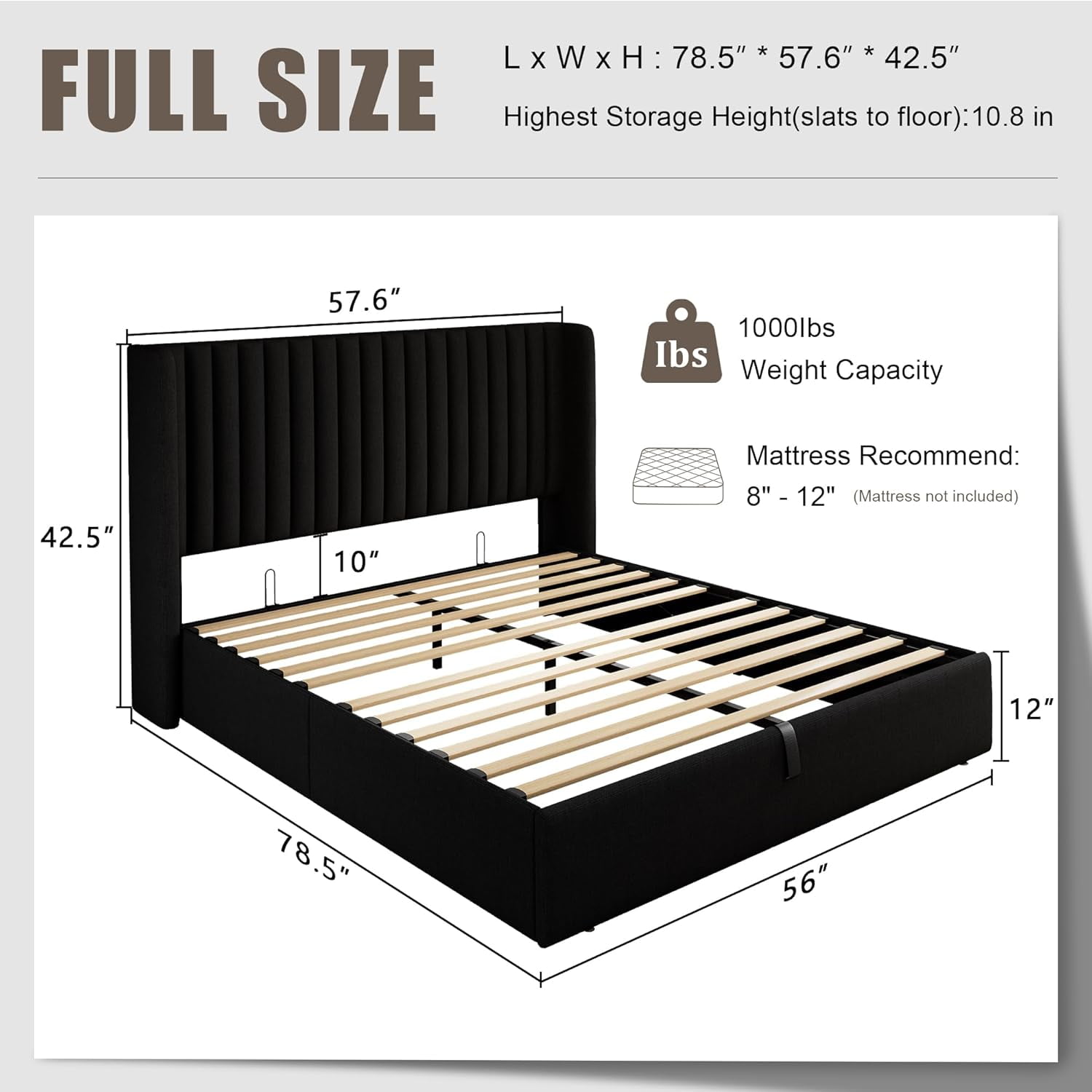 iPormis Full Size Bed Frame with Lift up Storage & Wingback Headboard, Upholstered Linen Bed Frame with Storage,Hydraulic Storage,Black