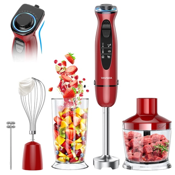 VAVSEA 5 en 1 Licuadora Multiusos, 1100 W, Batidora de Mano de 12 Velocidades, Espumador de Leche, Hoja de Acero Inoxidable, Batidor de Huevos, Con un Conjunto Completo de Herramientas, Rojo