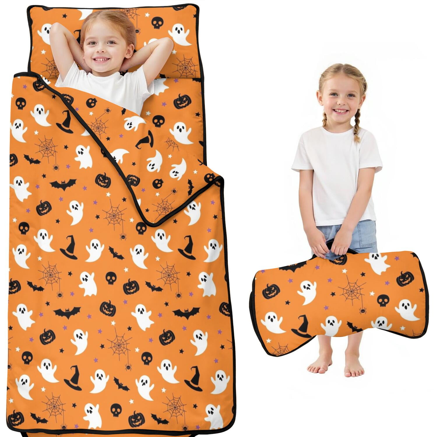 Halloween Ghosts Pumpkins and Spider Webs Kids Nap Mat Sleeping Mat with Removable Pillow with Handle & Fastening Straps Soft Skin Friendly Gifts for Daycare Preschool 50 x20