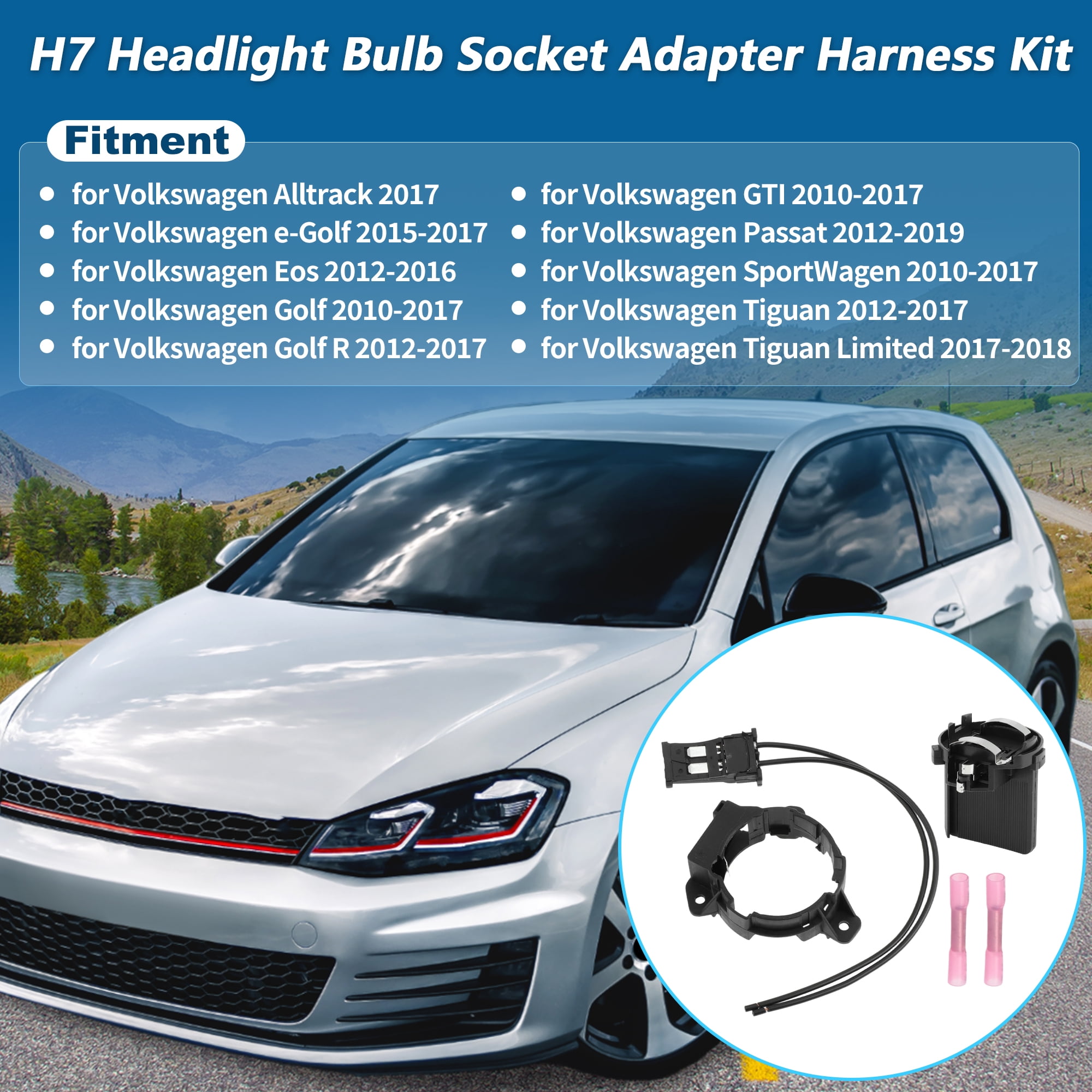 Unique Bargains H7 Headlight Bulb Socket Adapter Wiring Kit for Volkswagen Golf GTI